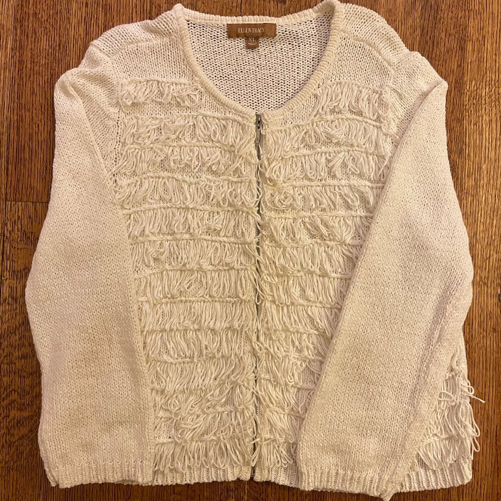 Ellen Tracy Cardigan Sweater Sz XL White Full Zip Loop Tassels Beautiful Elegant